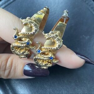 Gold Dragon Hoop Earrings Vintage 80s 90s